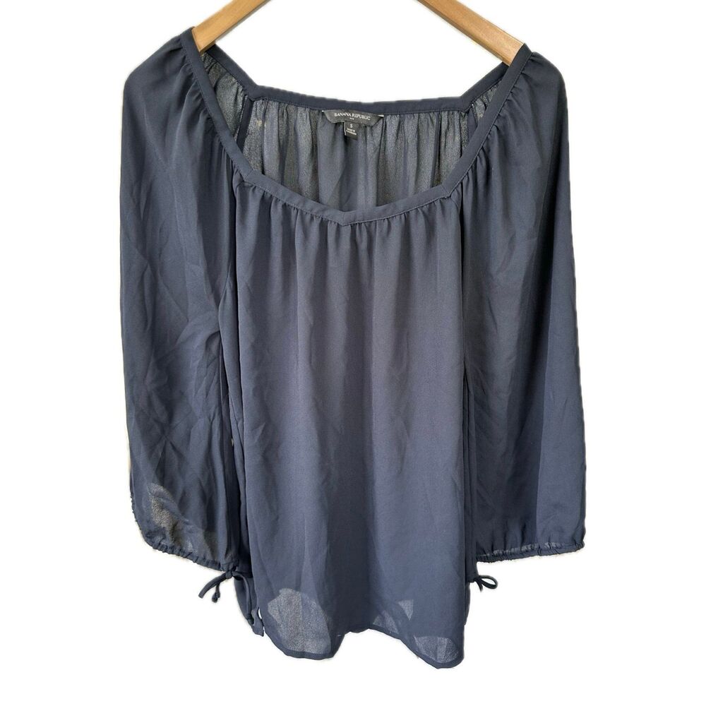 Banana Republic Factory Women's Navy Sheer Square Neck Layering Peasant Blouse S
